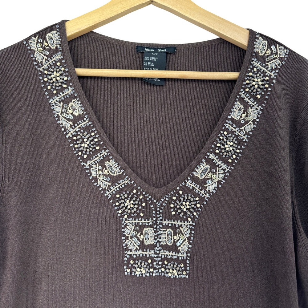 Y2K Alison Sheri Brown Beaded V-Neck Short Sleeve Knit Sweater Top SZ L Viscose
